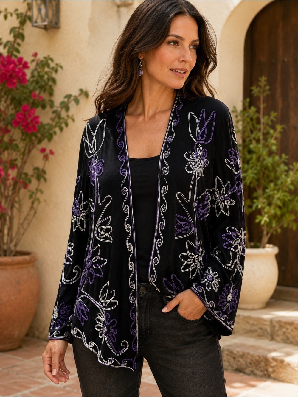 Wearable Art Soutache Embroidered Black Cardigan Purple Floral M